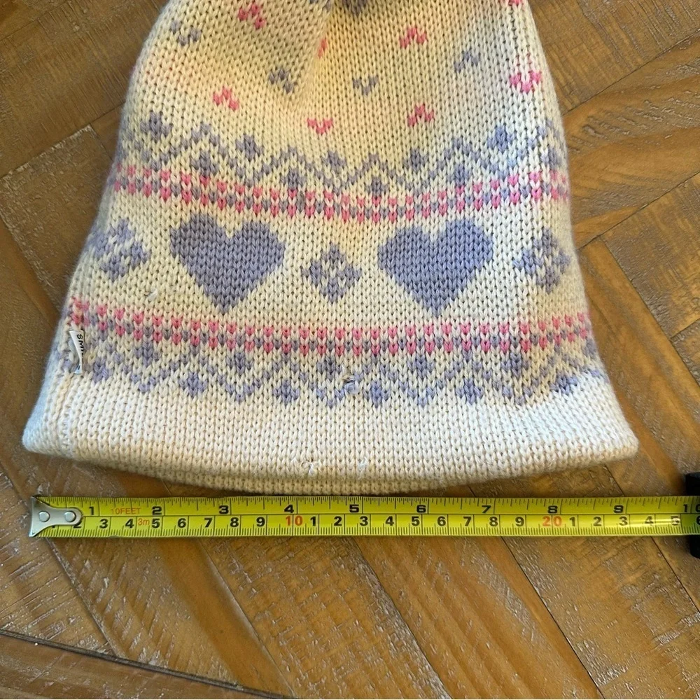 Vintage Smiley Wool Girls Purple Pink Heart Pom Pom Beanie Hat Made in USA